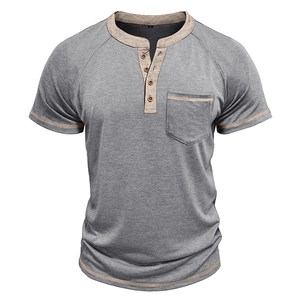 Detail of grey short sleeve Henley shirt with contrast trim and four button placket