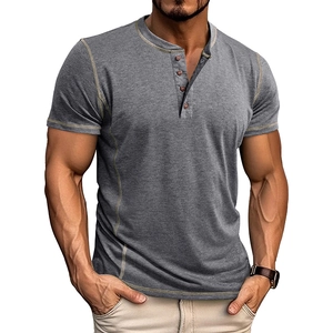 Detail of grey short sleeve Henley shirt featuring contrast stitching and wooden buttons