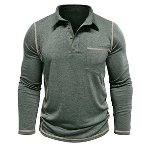 Men's olive long sleeve polo shirt with contrast stitching and chest pocket detail