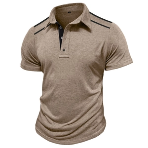 Detail of khaki polo shirt collar with three-button placket and black contrast inner lining