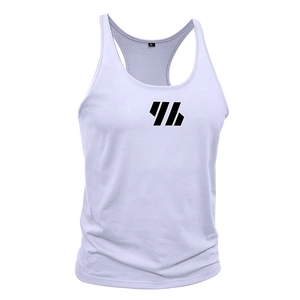 Detailed view of XL size label and black geometric logo on men's cotton racerback vest