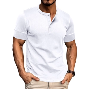 Detail of white muscle fit Henley shirt showing three-button neckline and soft fabric texture
