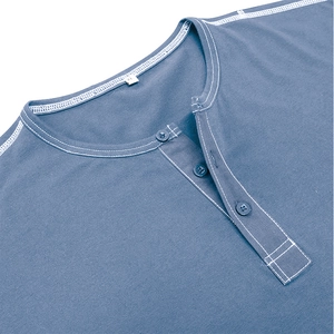 Detail of gray-blue Henley T-shirt neckline with triple buttons and contrast stitching