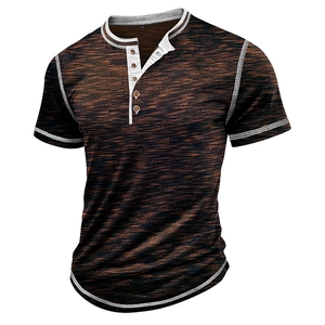 Detail view of contrast stitching and buttoned Henley neckline on a men's t-shirt