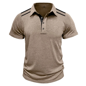 Detail of khaki men's short-sleeved polo shirt with contrast black trim and three buttons