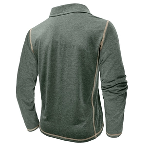 Men's dark green long sleeve polo shirt with contrast stitching and knit texture
