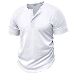 Close-up of white muscle fit Henley t-shirt featuring a three-button placket and fine texture