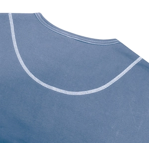 Macro shot of fog blue crew neck collar with white contrast double-needle stitching detail