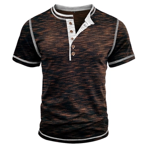 Close-up of contrast stitching and button placket on a brown texture Henley t-shirt