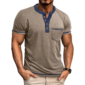 Detail of short sleeve Henley shirt with contrast collar, wood buttons, and chest pocket