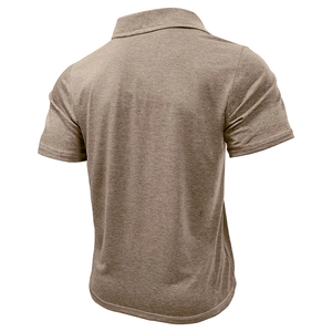 Rear view of brown heather texture polo shirt showing back panel and short sleeves