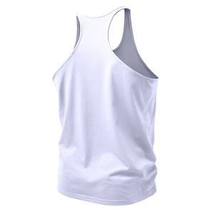 Back view of light purple men's fitness stringer tank top with y-back design on white background