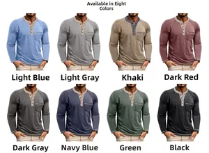 Detail view of cotton blend long sleeve Henley shirts showing eight color options and raglan sleeves