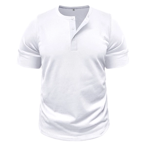 Detail view of the white muscle Henley shirt showing the three-button collar and XL size label