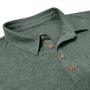 Detail of green long-sleeve polo shirt showing three brown buttons and knit fabric texture
