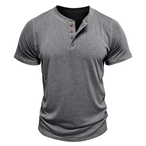 Detail of grey Henley shirt showing contrast stitching and four buttons on neckline