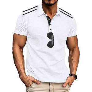 Close-up of white men's polo shirt featuring black shoulder stripes and contrast placket