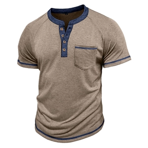 Detail of khaki men's Henley shirt with navy contrast stitching and 4-button placket