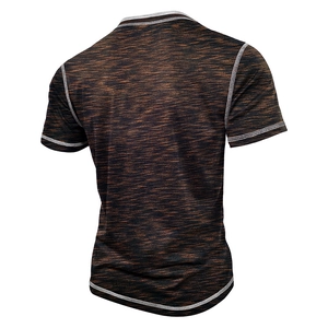 Rear view of men's crew neck T-shirt featuring orange black texture and white stitching details