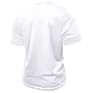 Detail view of the back of a white short-sleeve muscle Henley shirt with neat stitching