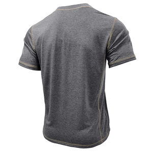 Detail of grey heather t-shirt with contrast yellow reinforced stitching on the seams