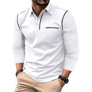 Close-up of slim fit white long sleeve polo shirt with navy stripe trim and pocket