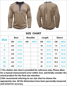 Detailed size chart for men's long sleeve Henley shirt featuring S to 3XL measurements