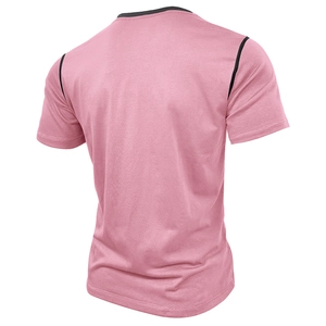 Back view of pink short sleeve Henley T-shirt with black crew neck and shoulder stitching