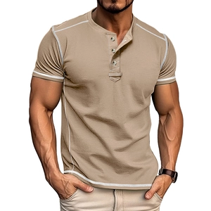 Detail view of khaki Henley shirt featuring white contrast stitching and three-button neckline