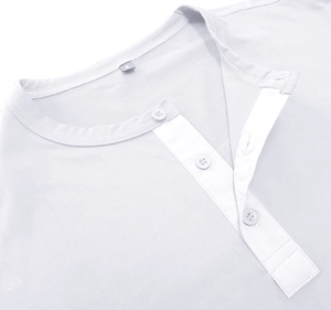 Detailed macro view of the three-button placket and round neckline on a men's Henley shirt
