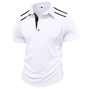 Detailed view of white polo shirt neckline with three buttons and black stripe accents