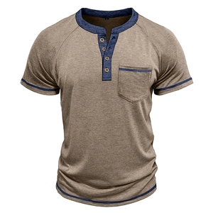 Detail of retro Henley shirt featuring blue contrast piping and wood texture buttons