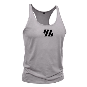 Close-up of light grey men's sports vest with black geometric logo and XL size label