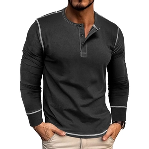 Detail view of contrast white stitching on dark grey men's long sleeve Henley shirt