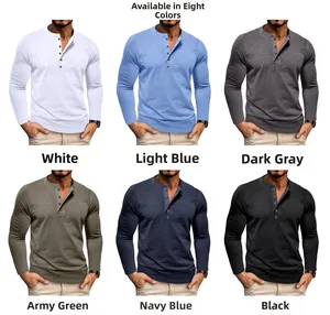 Detail view of long sleeve Henley shirts in six colors featuring waffle texture fabric
