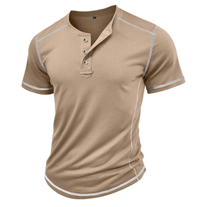 Detail of khaki Henley t-shirt featuring contrast stitching and a curved hem design