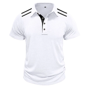 Detail of white polo shirt with black shoulder stripes and contrast button placket