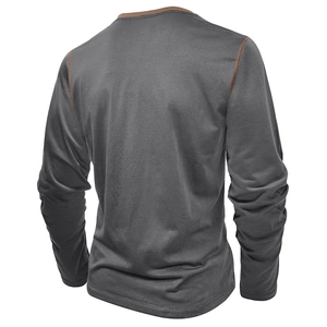 Detailed back view of a grey long-sleeved Henley shirt with brown contrast stitching accents