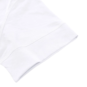 Detail of professional coverstitch sewing on a white muscle Henley shirt sleeve cuff