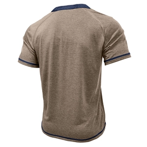 Detail view of khaki raglan t-shirt back with dark blue contrast trim and knit texture