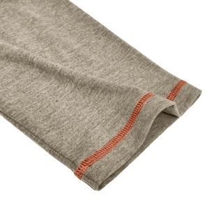 Detail of light heather grey knit fabric with contrasting orange stitching on the sleeve cuff