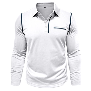 Detail of white men's long sleeve polo shirt with navy trim and three-button placket design