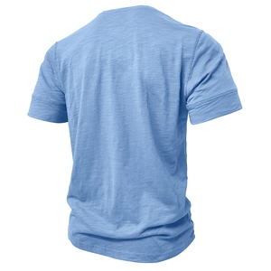 Detail view of light blue muscle Henley T-shirt back with subtle slub texture fabric