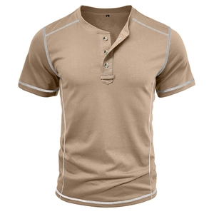 Close-up of khaki Henley shirt neck with three-button closure and white flatlock stitching