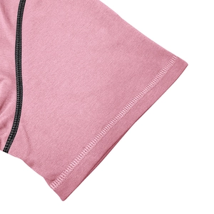 Close-up of pink Henley T-shirt sleeve with black contrast stitching and fabric texture