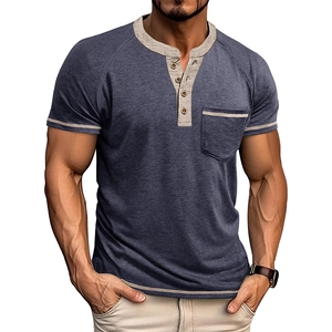 Detail of blue textured Henley shirt with gray contrast trim and wooden buttons