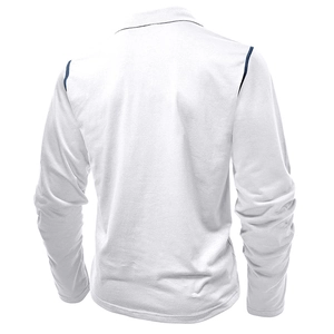Detail view of white long sleeve polo shirt back with navy blue contrast stitching on shoulders