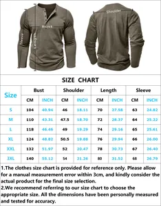 Detailed size chart for men's long sleeve Henley shirt with Bust and Length measurements