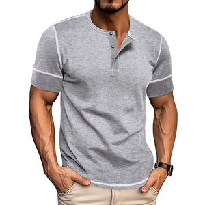 Detail of three-button Henley neckline with white contrast stitching on light grey knit shirt