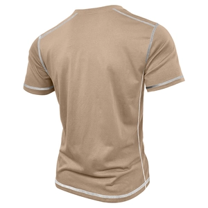 Detail view of khaki henley shirt showing white flatlock contrast stitching and premium fabric